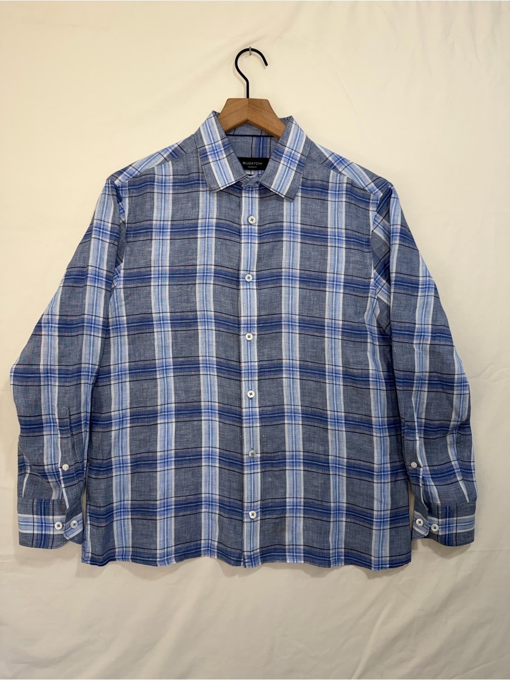 Bugatchi Men’s Small 100% Fine Linen Shirt Blue Plaid Shaped Fit Button Down